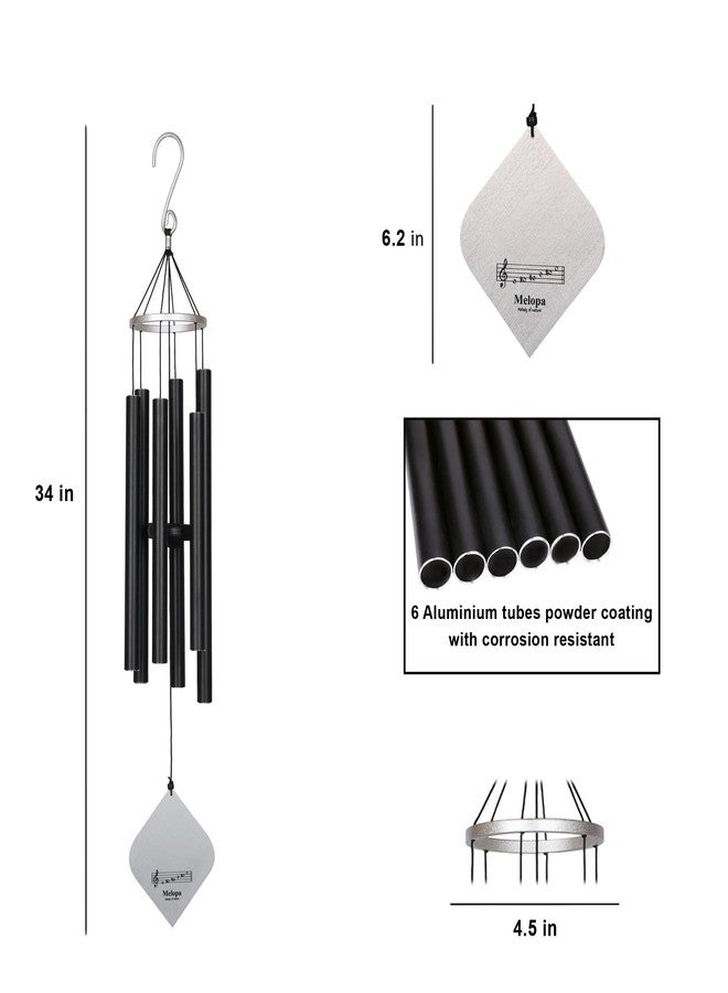 MELOPA 6 Pipe Large Wind Chimes for Home, Garden, Balcony & Vastu Pooja - Black | Hanging Bells for Home Decoration | Deep Tone Aluminum Wind Chime | Return Gift & Positive Energy Decor - Image 4